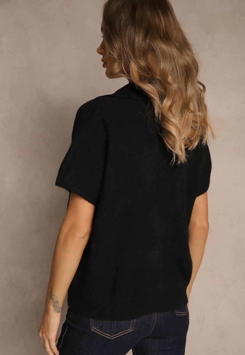 Czarny Sweter z Wełną z Krótkim Rękawem i Dekoltem V z Kołnierzem Tevirna