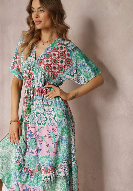 Zielono-Różowa Wiskozowa Sukienka Midi w Kwiaty z Gumką w Pasie Roslyna