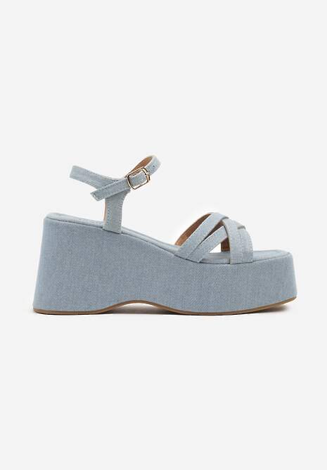 Jasnoniebieskie Sandały Jeansowe na Grubej Podeszwie z Koturnem Hareria