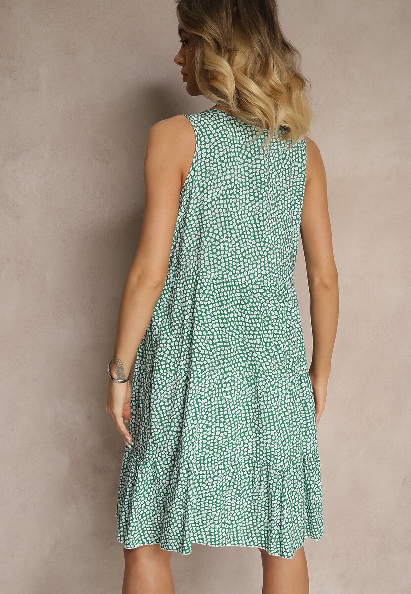 Zielona Sukienka z Bawełny Ozdobiona Kwiatami i Falbaną Zeloria