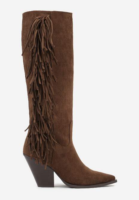 Brązowe Kozaki Kowbojki z Imitacji Zamszu z Frędzlami i Stożkowym Obcasem Rafilea