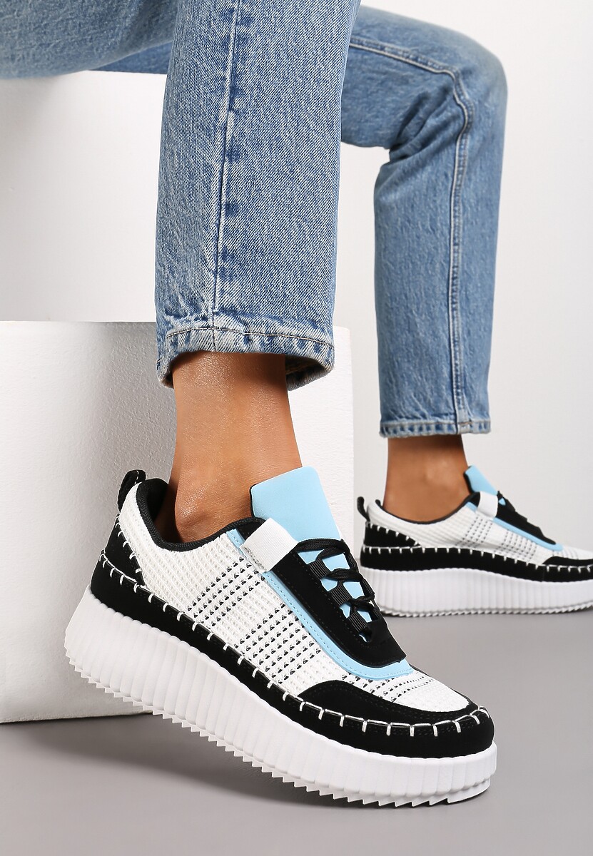 Czarne Sneakersy na Platformie Ozdobione Tweedowymi Wstawkami i Cyrkoniami Eganna