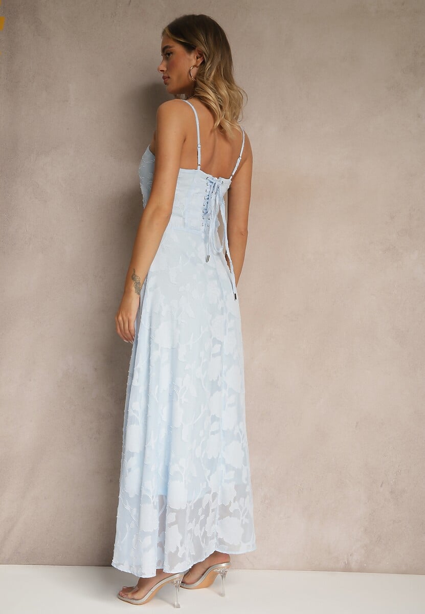 Jasnoniebieska Sukienka Vices o Rozkloszowanym Kroju z Gorsetowym Wiązaniem Fenalisa