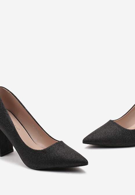 Czarne Połyskujące Czółenka na Słupku z Noskiem w Szpic Pigna