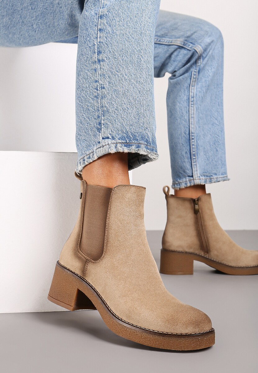 Beżowe Botki Typu Sztyblety z Ekozamszu na Obcasie Ellavia