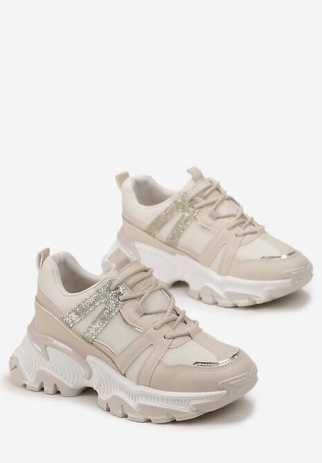 Beżowe Sznurowane Sneakersy na Grubej Podeszwie ze Wstawkami i Brokatem Widgeta