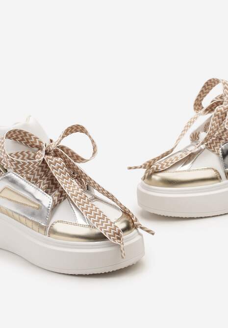 Biało-Złote Sneakersy Na Niskiej Platformie z Szerokimi Sznurówkami we Wzorek Vidira
