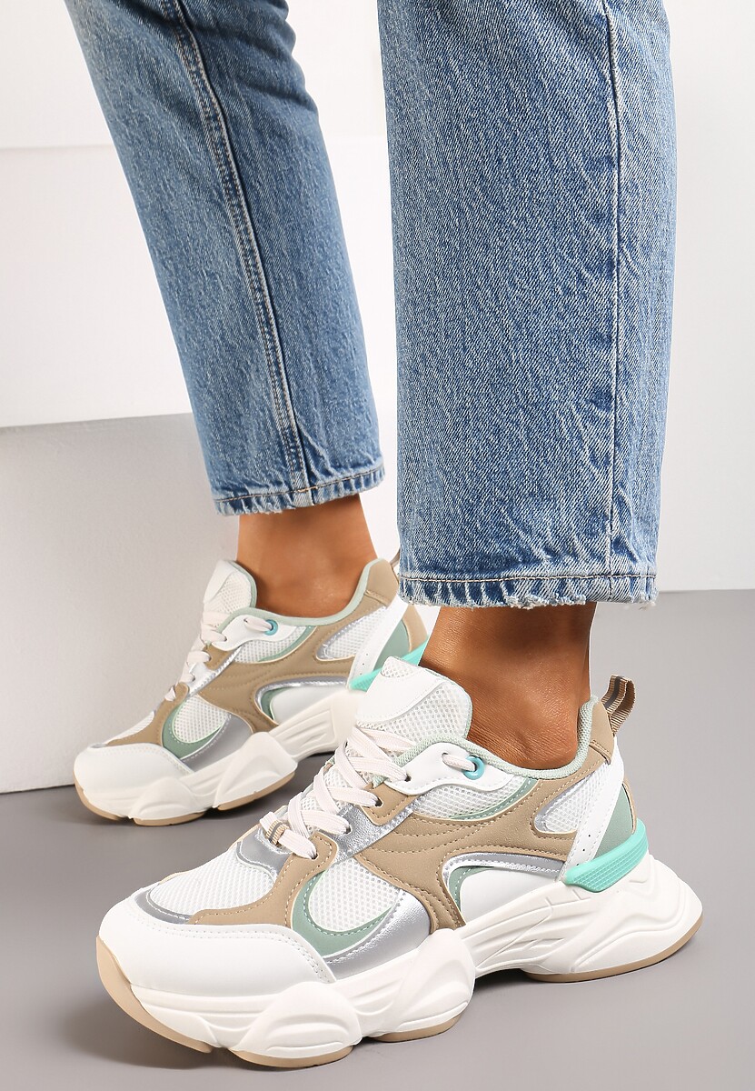 Biało-Beżowe Sneakersy ze Wstawkami Metalicznymi i Siateczką na Grubej Podeszwie Riliera