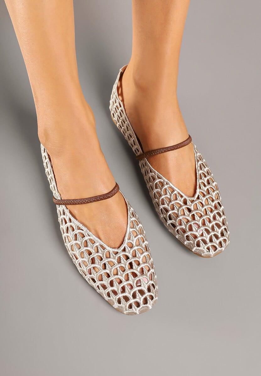 Ciemnobeżowe Szydełkowe Balerinki w Stylu Boho z Paskiem Vomea