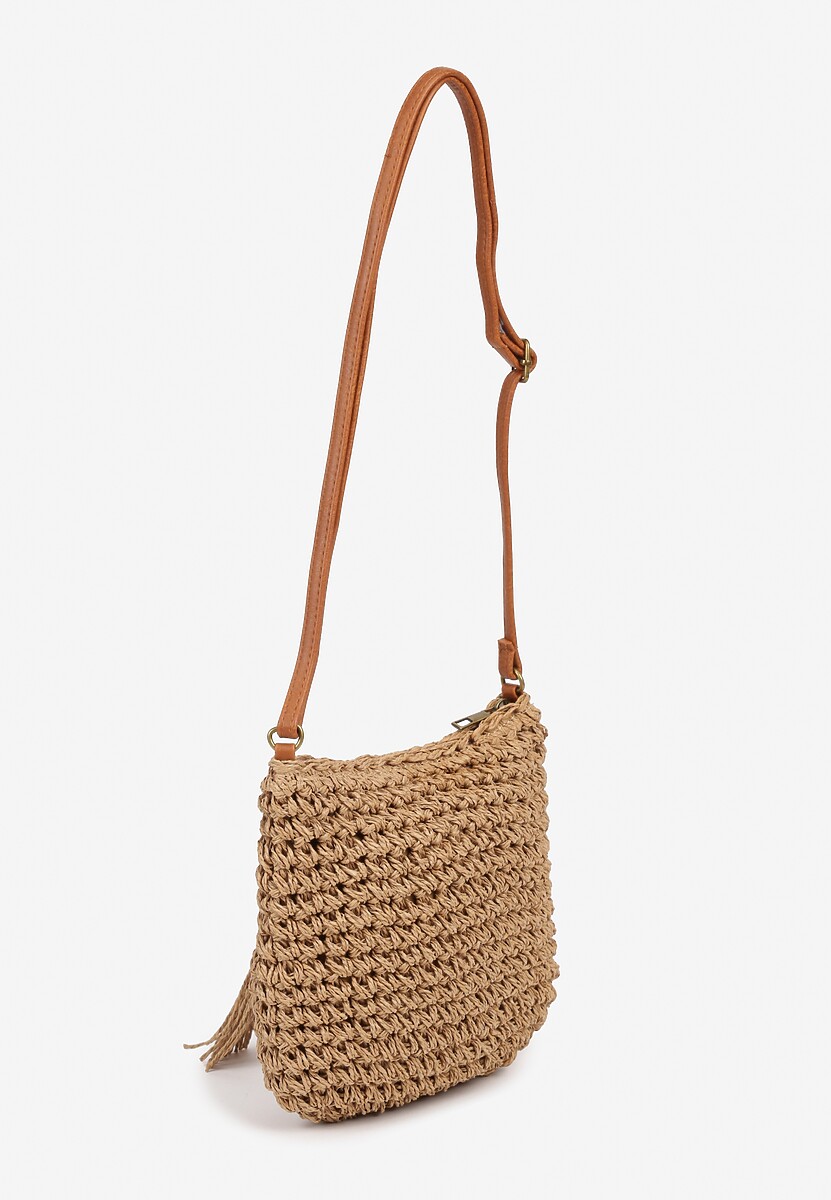Ciemnobeżowa Pleciona Torebka z Frędzlami Tirauri