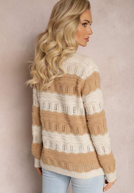 Beżowy Sweter Ozdobiony Ażurowymi Wycięciami i Połyskującą Nitką Casiena