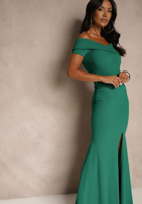 Zielona Sukienka Koktajlowa Typu Hiszpanka z Rozcięciem na Nogę Hallomea