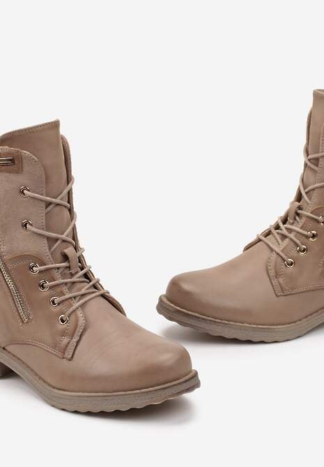Beżowe Botki z Ozdobnym Suwakiem i Sznurowaniem Sanara