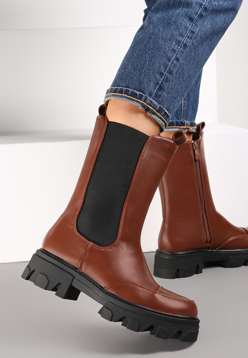 Brązowe Botki Sztyblety na Grubej Podeszwie Tenn