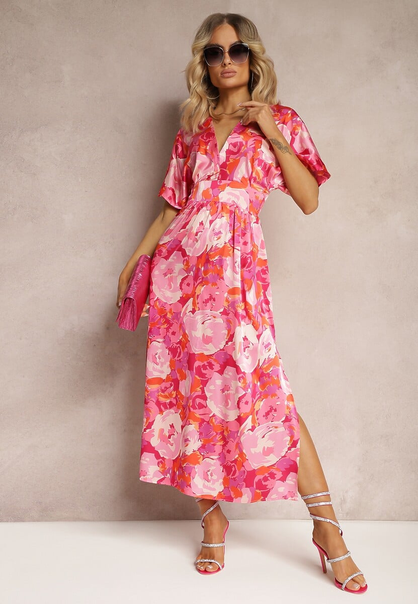 Różowa Satynowa Sukienka z Kopertową Górą Luźnymi Rękawami i Rozkloszowanym Krojem Karlemia