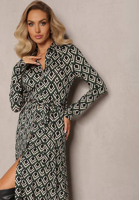 Zielona Koszulowa Sukienka Maxi w Geometryczny Wzór z Paskiem Oniufe