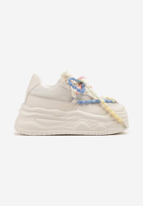 Beżowe Sneakersy na Platformie z Koralikami Amovanna