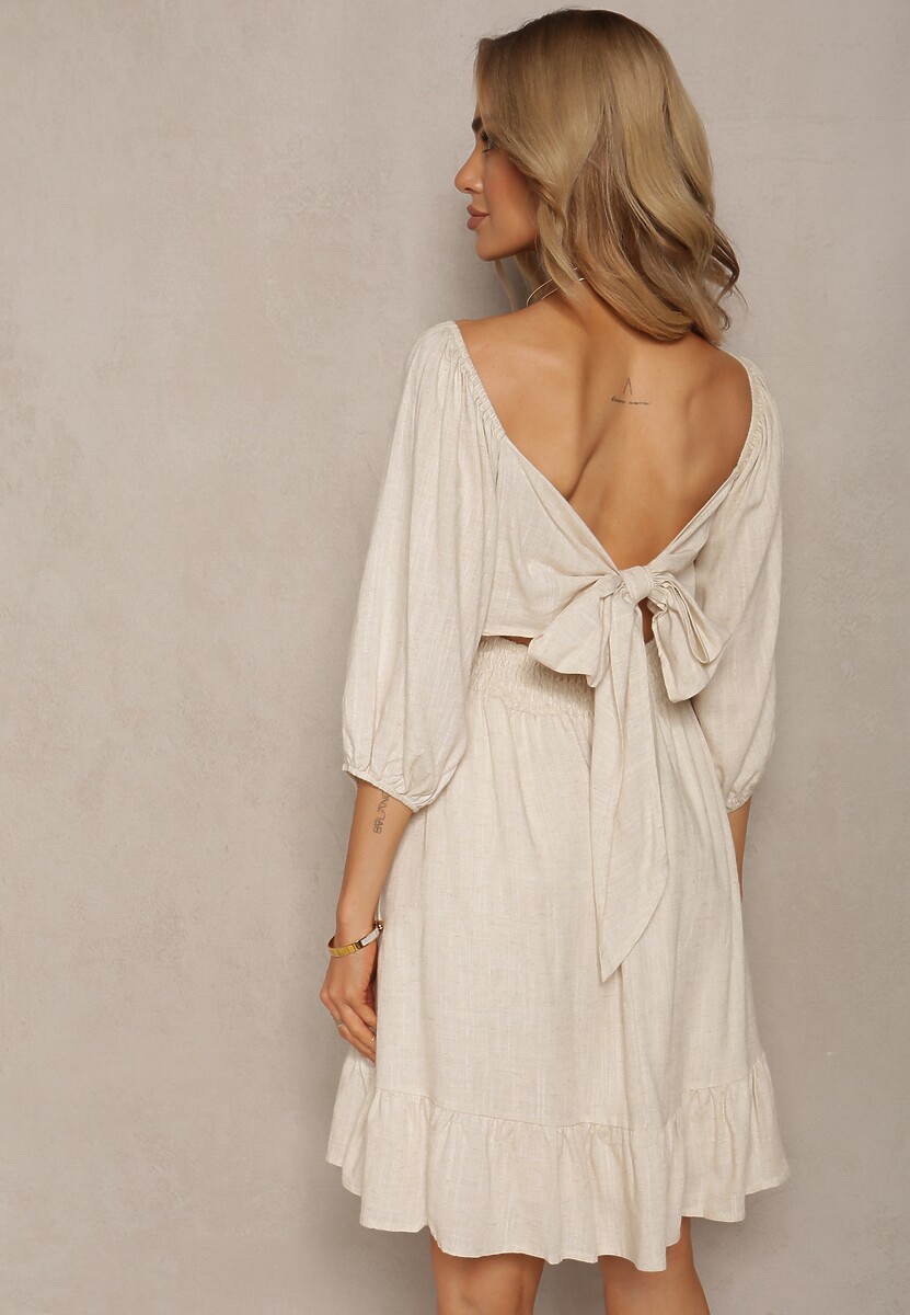 Beżowa Sukienka z Lnem i Wiskozą Wykończona Podszewką Falbanką i Gumką w Talii Alzemia