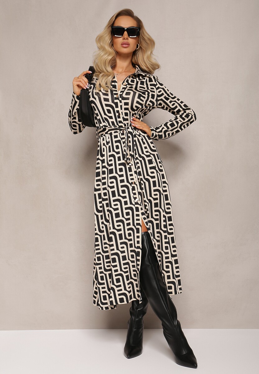 Beżowo-Czarna Koszulowa Sukienka Maxi w Geometryczny Print Gelismi