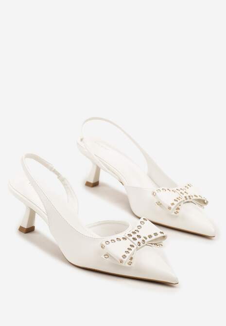 Białe Czółenka Sandały Vices na Kaczuszce Slingback z Kokardą i Nitami Fennadia