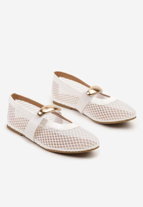 Białe Siateczkowe Balerinki z Metaliczną Ozdobą i Paskiem Irelisa
