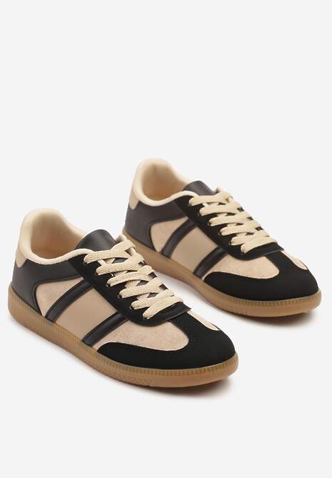 Czarno-Beżowe Sneakersy Sportowe przed Kostkę z Ozdobnymi Paskami Zonevia