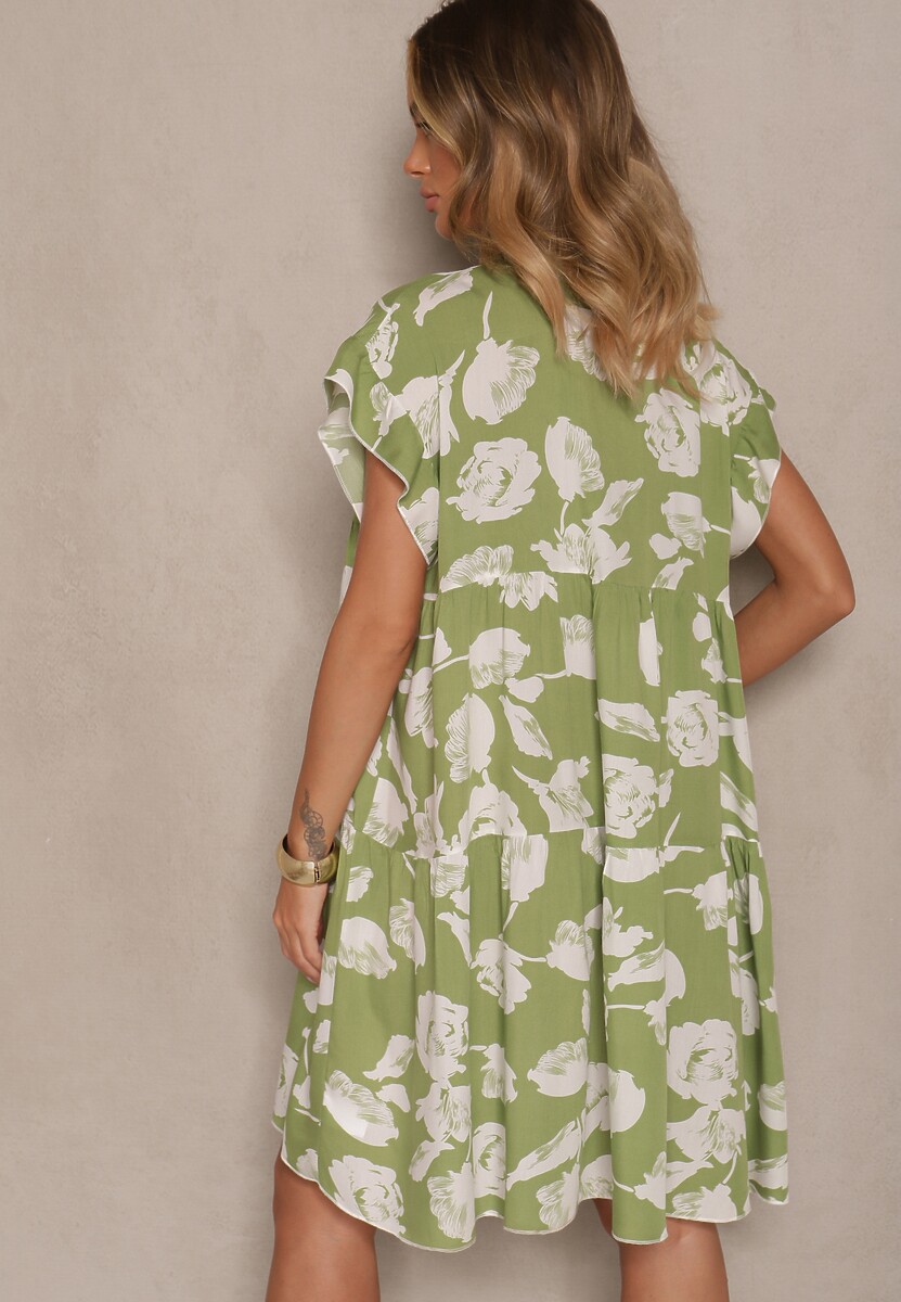 Jasnozielona Sukienka z Bawełny Ozdobiona Kwiatami Liranea