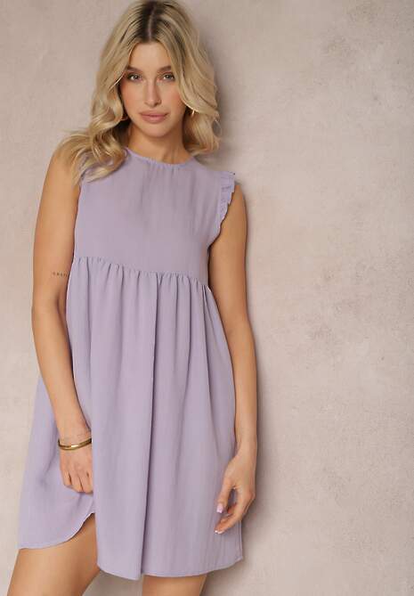 Fioletowa Sukienka z Wiskozy z Falbanką przy Rękawie i Wiązaniem z Tyłu Mloelia