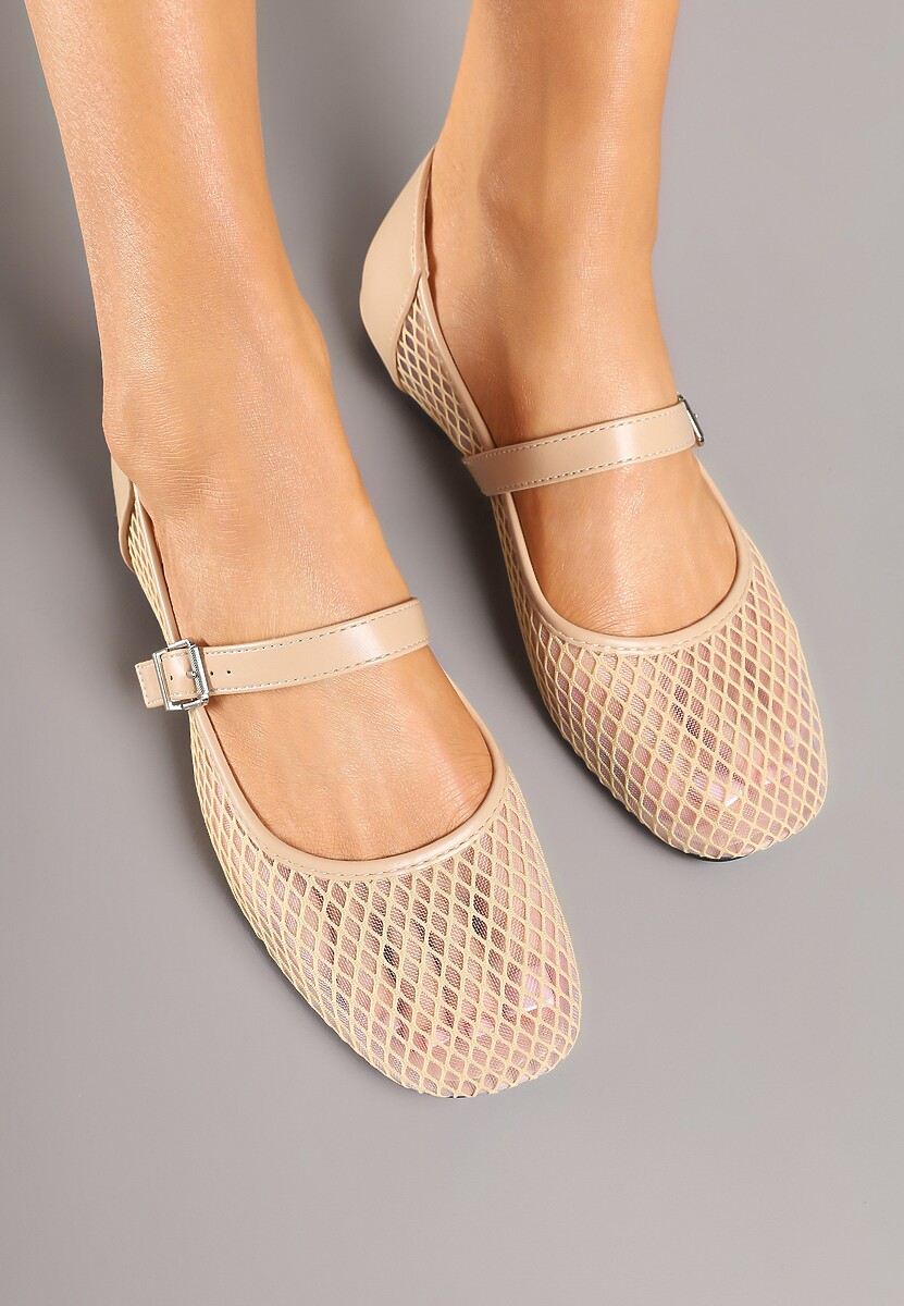 Beżowe Siateczkowe Balerinki w Stylu Mary Jane Millexia