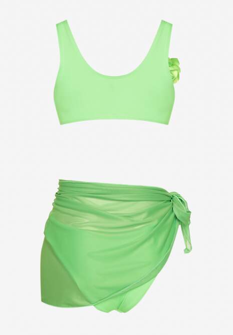 Jasnozielone Bikini Majtki Figi Biustonosz z Broszką Kwiatu 3D i Siateczkowe Pareo Folissa