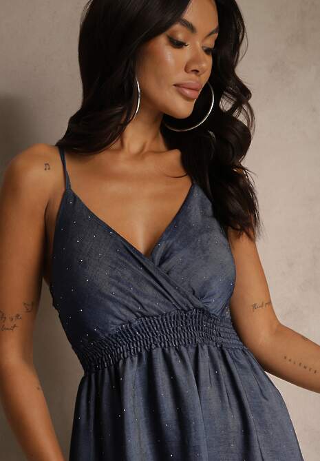 Granatowa Kopertowa Sukienka z Wiskozy o Rozkloszowanym Fasonie Lirilise