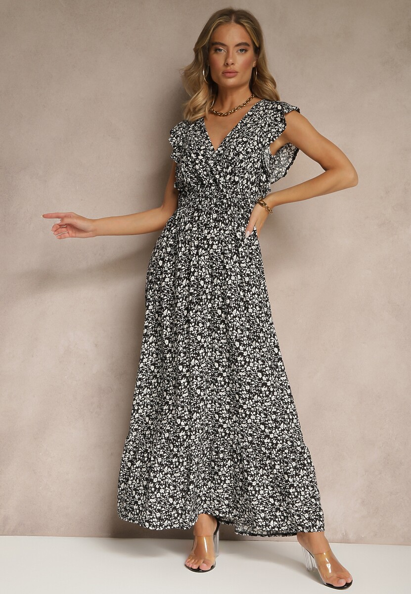 Zielona Rozkloszowana Sukienka Zdobiona Falbanami i Kwiatowym Printem Aravee