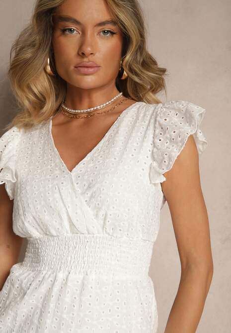 Biała Haftowana Rozkloszowana Sukienka z Bawełny Neliasta