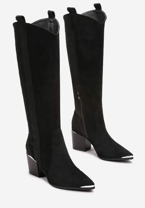 Czarne Kozaki Kowbojki przed Kolano z Metalicznym Noskiem Caspianna