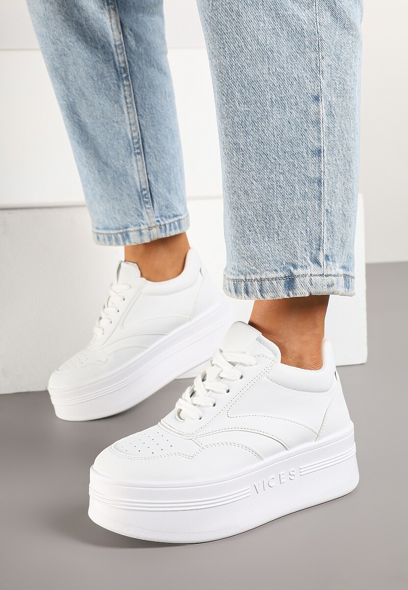 Białe Sznurowane Sneakersy Vices na Platformie z Metalicznymi Paskami Neliawen