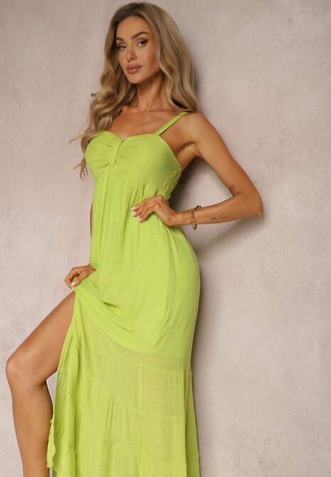 Jasnozielona Sukienka z Dodatkiem Bawełny na Ramiączkach z Regulacją oraz Gumką z Tyłu Tinanoras