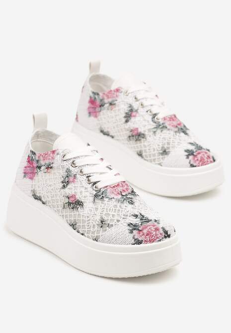 Białe Ażurowe Sneakersy Vices na Platformie w Kwiaty Halvisa