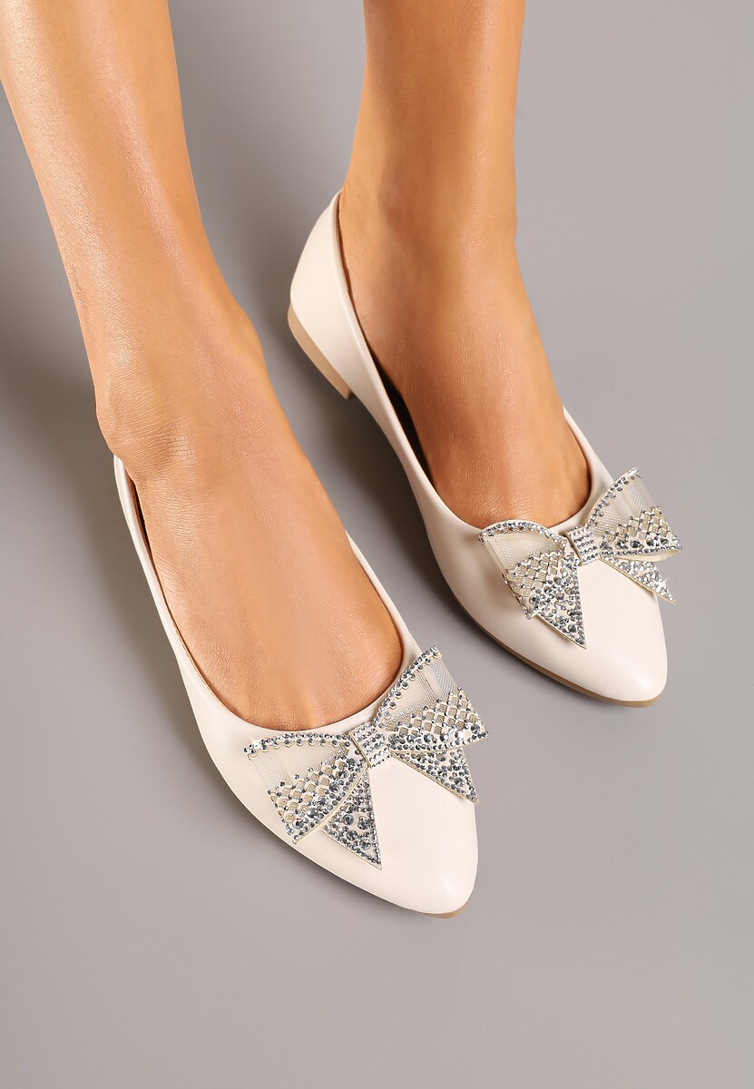 Beżowe Balerinki z Kokardą i Cyrkoniami Marintis