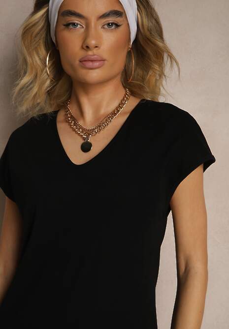 Czarna Sukienka z Bawełny o Pudełkowym Kroju i Dekolcie w V i Rozcięciami Natindra