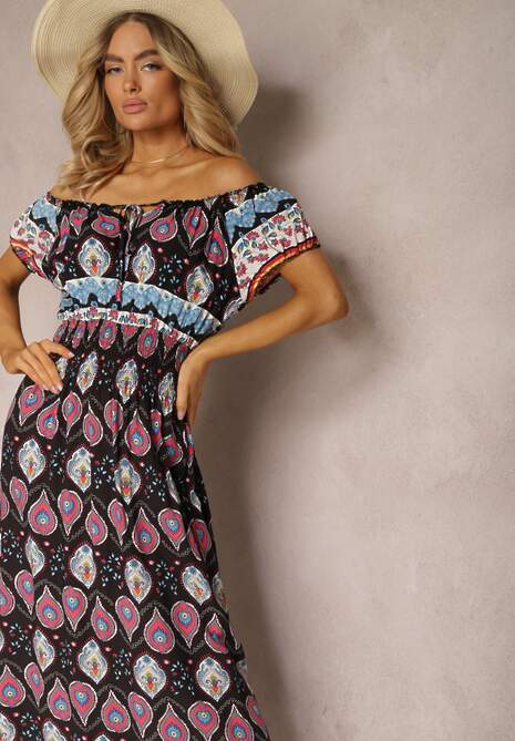 Czarno-Różowa Sukienka na Lato z Bawełny z Modelującą Gumką w Talii Deorna