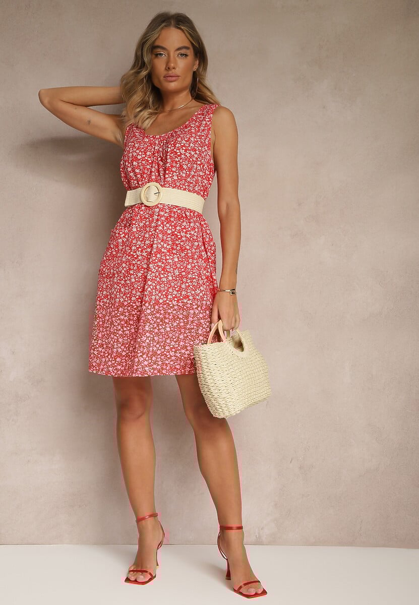 Czerwona Rozkloszowana Sukienka na Szerokich Ramiączkach w Kwiatowy Wzór Folivena