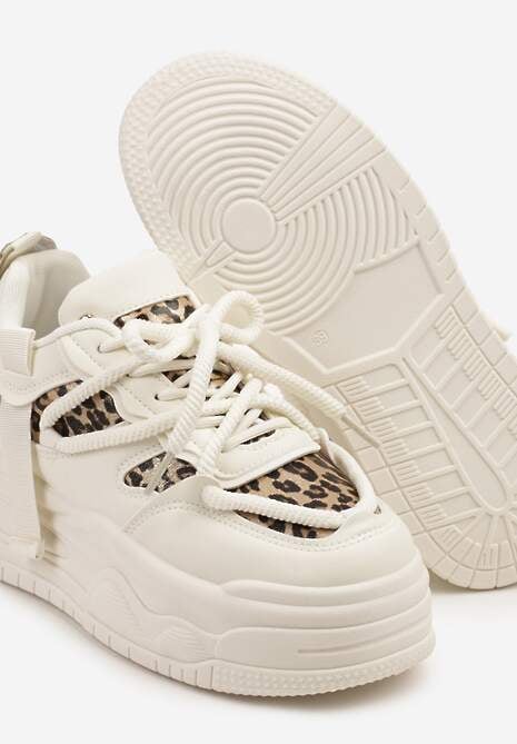 Beżowo-Panterkowe Sneakersy w Streetwearowym Stylu na Tłoczonej Platformie z Brokatem Mailienne