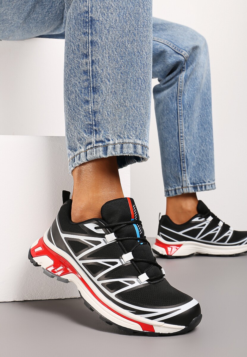 Czarno-Czerwone Sneakersy na Grubej Podeszwie ze Sznurowaniem i Ozdobnymi Gumowymi Elementami Tellgina