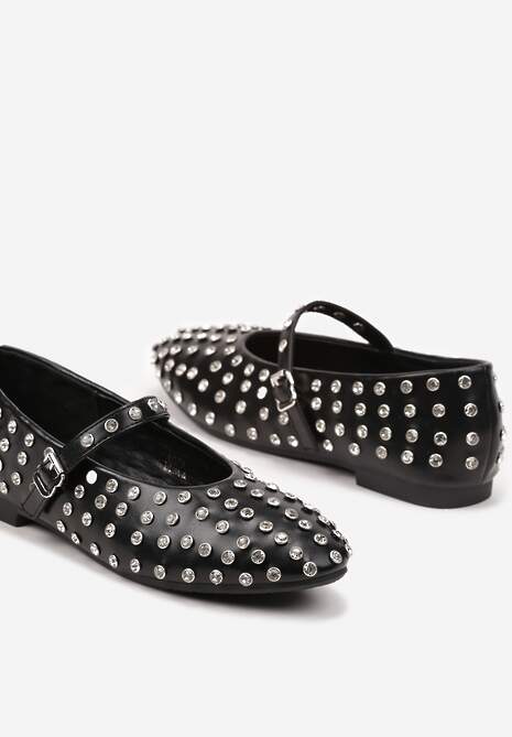 Czarne Cyrkoniowe Balerinki na Płaskiej Podeszwie z Ozdobnym Paskiem Bararia