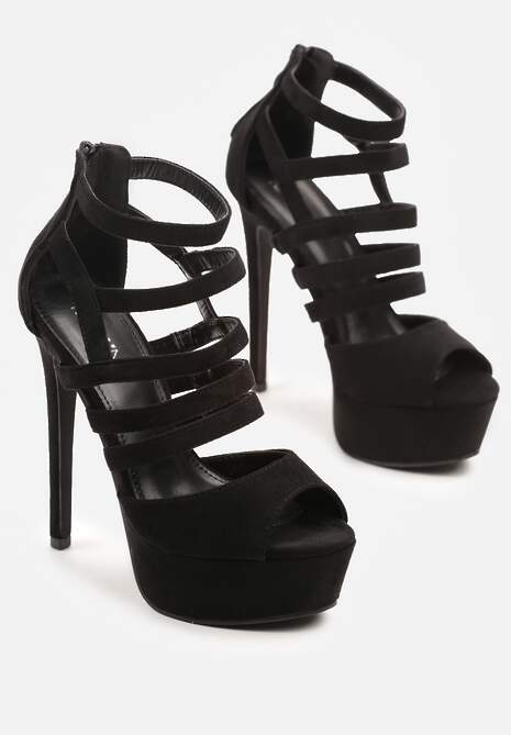 Czarne Sandały Szpilki na Platformie Ozdobione Paskami Naniel