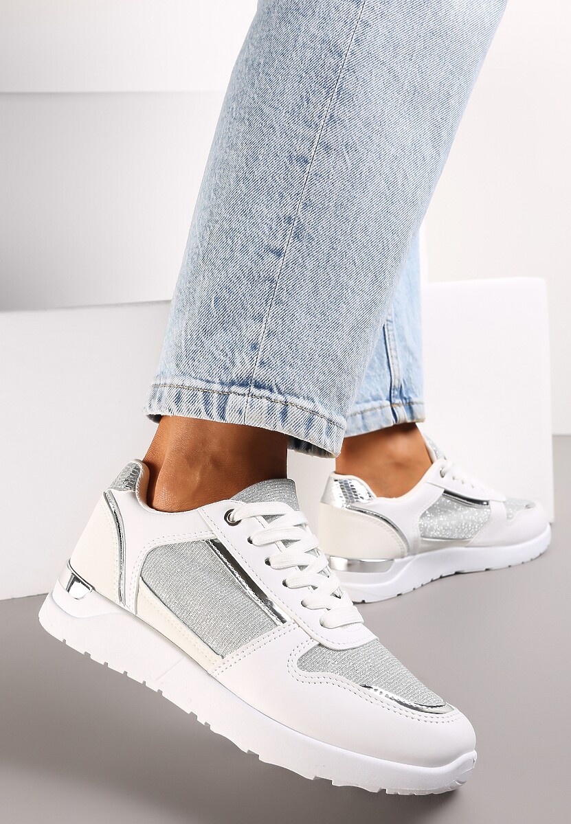 Białe Płaskie Sneakersy Sznurowane z Brokatowymi Wstawkami Raflia