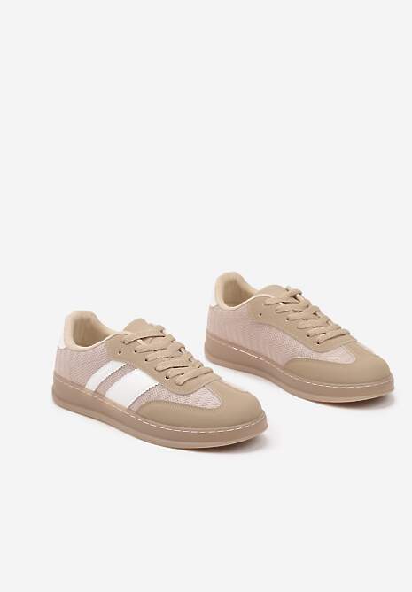 Ciemnobeżowe Sneakersy w Stylu Tenisówek z Paskami Eleaniria
