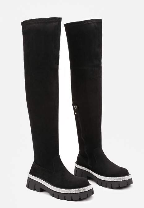 Czarne Kozaki Muszkieterki na Platformie Ozdobione Cyrkoniami Vomekia