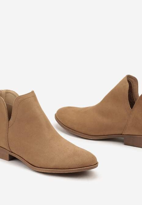 Ciemnobeżowe Botki na Płaskiej Podeszwie z Ozdobnym Wycięciem Zapinane na Suwak Liletta
