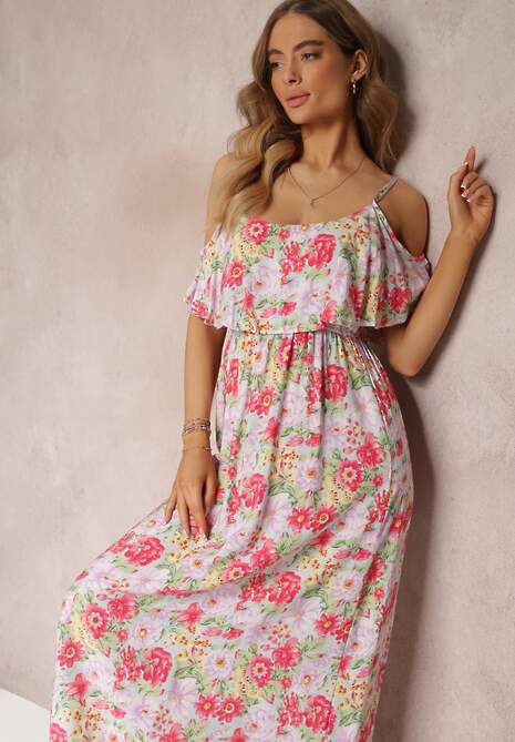 Biało-Czerwona Sukienka Maxi Bawełniana w Kwiaty z Falbanką Saranna